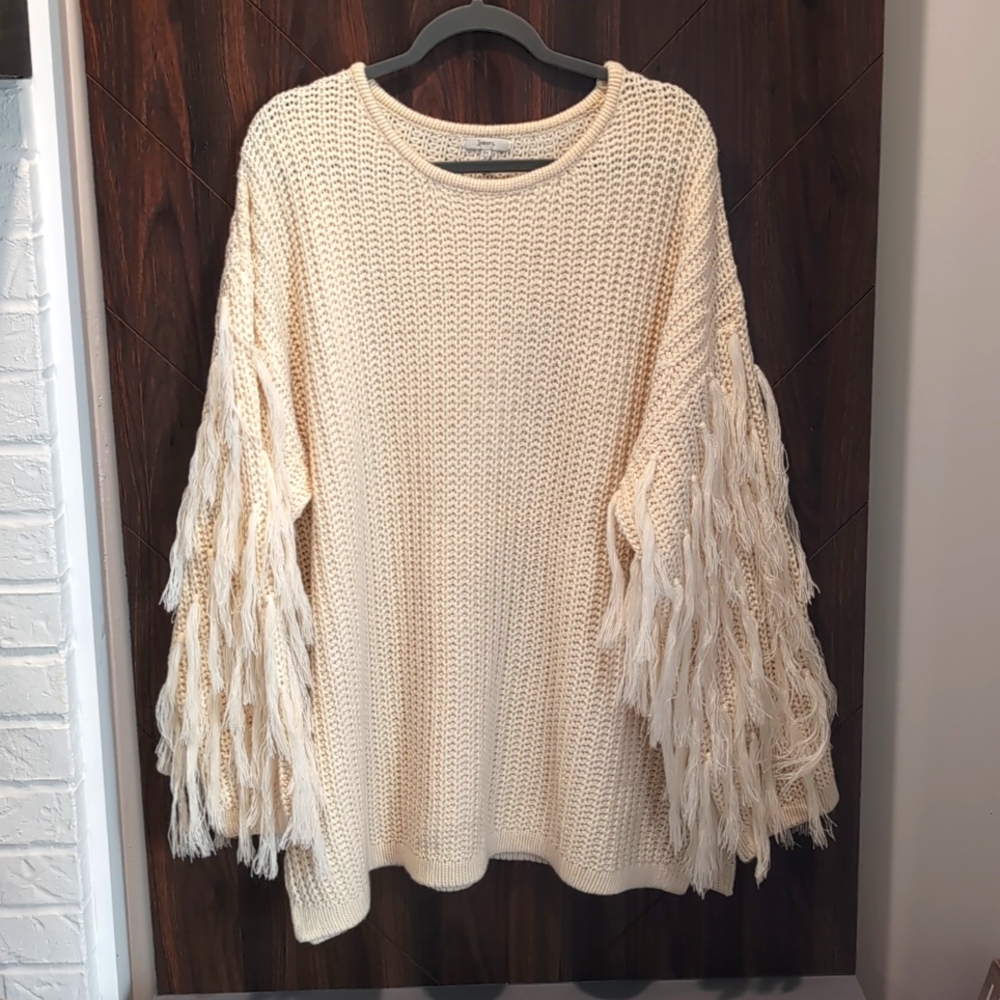 JODIFL Ivory Crew Neck Sweater, Size 2X, Tassel Sleeves